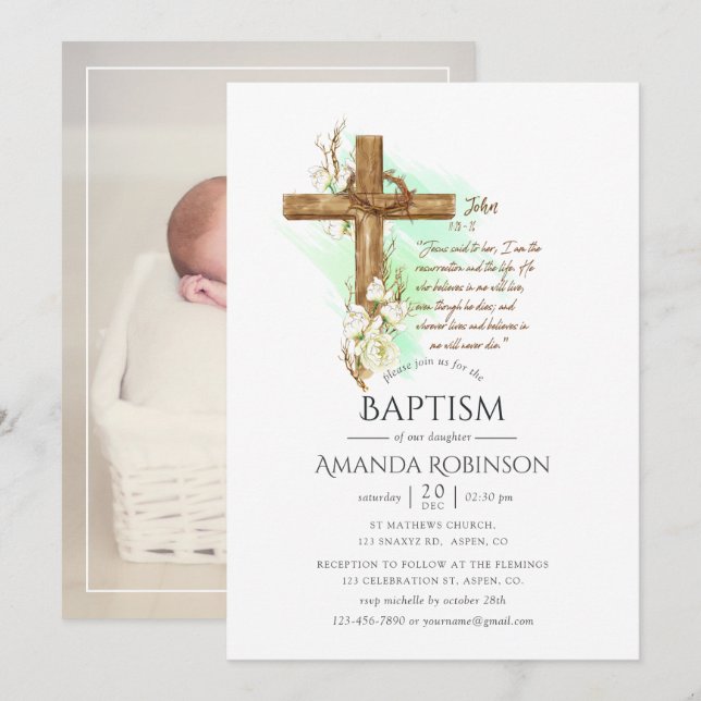 Convites Watercolor Floral Baptism ou Christening John Invi (Frente/Verso)