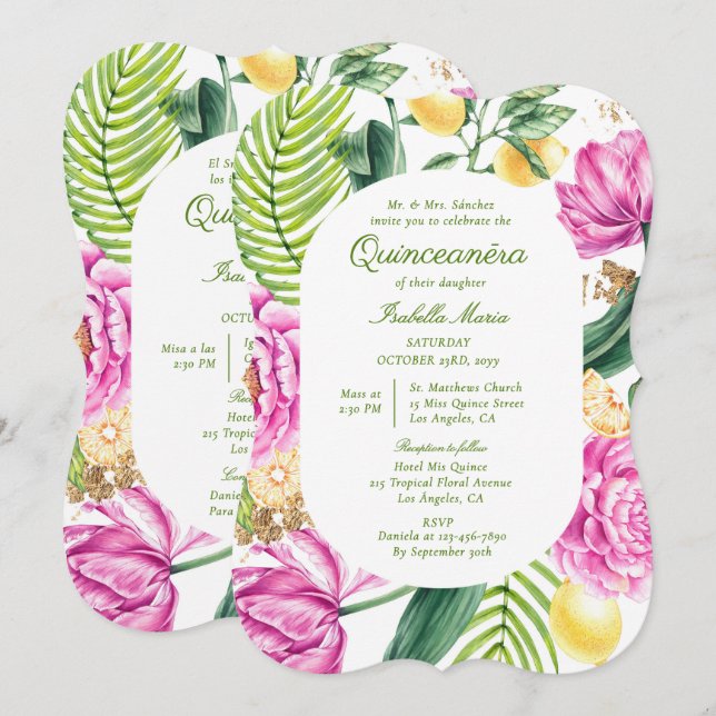 Convites Watercolor Floral Bilingual Spanish Quinceañera (Frente/Verso)