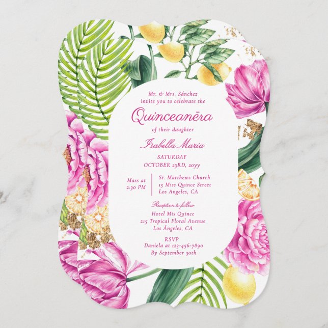 Convites Watercolor Floral Bilingue Espanhol Quinceañera (Frente/Verso)