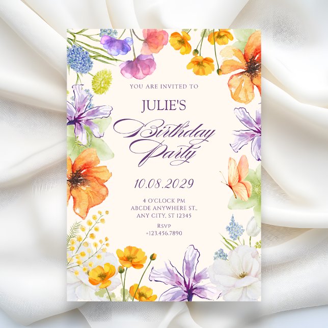 Convites Watercolor floral birthday  (Criador carregado)