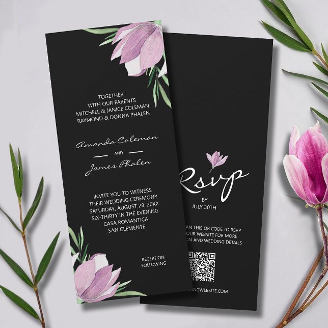 Convites Watercolor Floral Black Wedding All-In-One (Elegant purple magnolias QR code all-in-one wedding invitations - INSTANT DOWNLOAD and/or PRINTED)