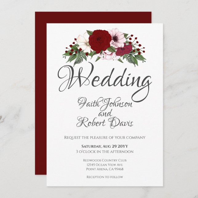 Convites Watercolor Floral Borgonha Blush White Greeneresce (Frente/Verso)