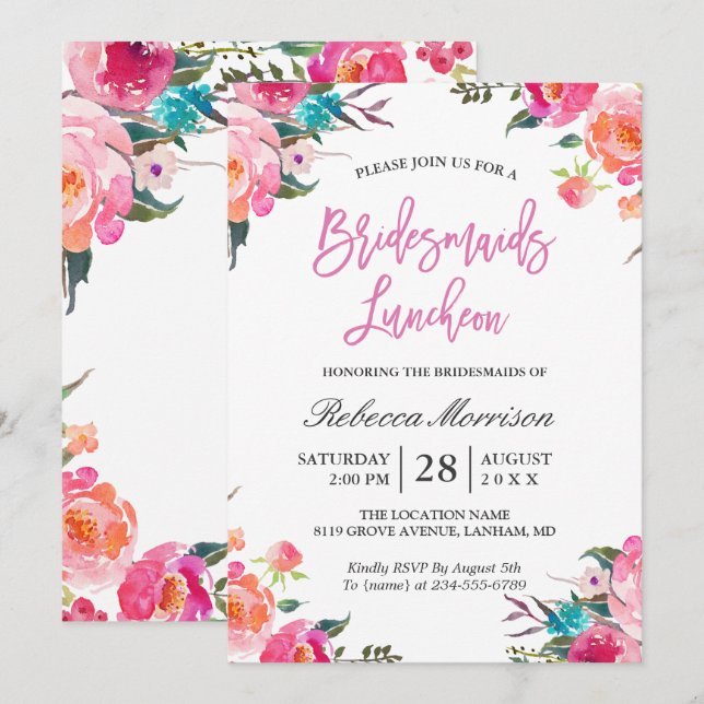 Convites Watercolor Floral Botânica Bridesmaids Luncheon (Frente/Verso)