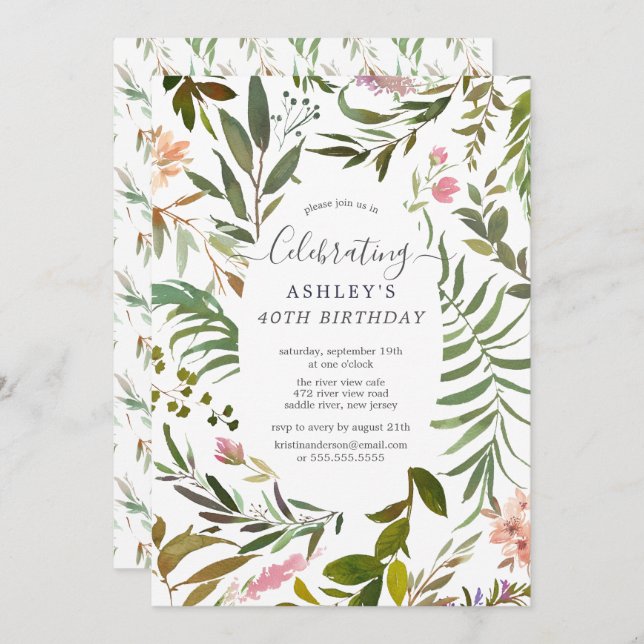 Convites Watercolor Floral Botanical Birthday (Frente/Verso)