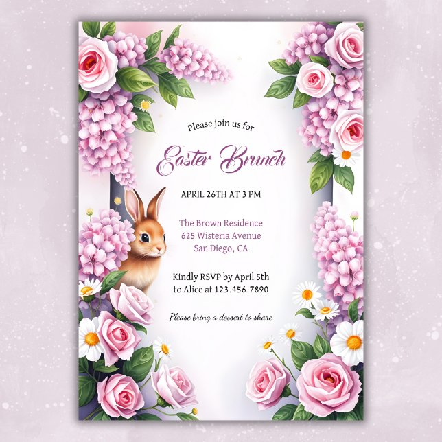 Convites Watercolor Floral Bunny Páscoa Brunch (Elegant Floral Easter Brunch Invitation with Bunny)