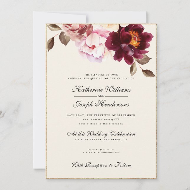 Convites Watercolor Floral Burgundy - Buquê Romance (Frente)