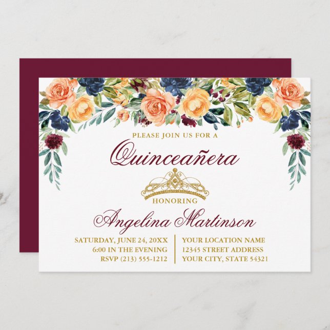 Convites Watercolor Floral Burgundy Dourada Quinceanera (Frente/Verso)