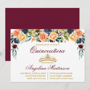 Convites Watercolor Floral Burgundy Dourada Quinceanera