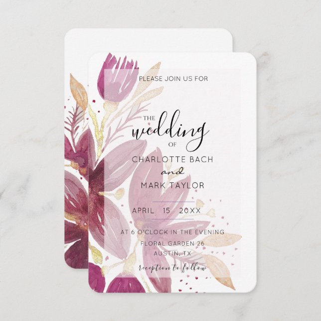 Convites Watercolor Floral Burgundy e Dourada Invi (Frente/Verso)