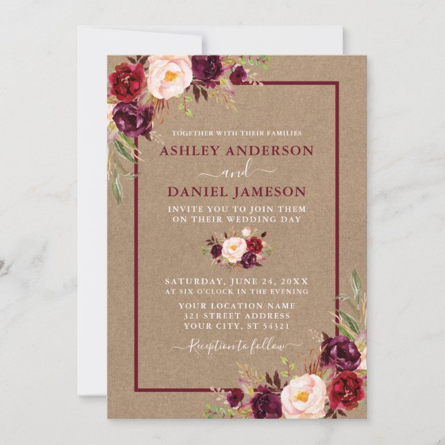 Convites Watercolor Floral Burgundy Wedding Kraft (Frente)