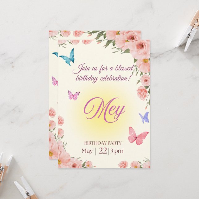 Convites Watercolor Floral Christian Birthday Invitation  (Frente/Verso In Situ)