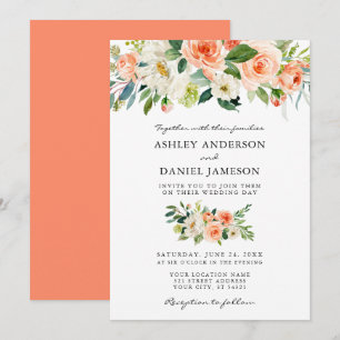 Convites Watercolor Floral Coral Greenery Casamento