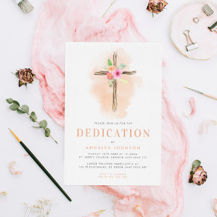 Convites Watercolor Floral Cross Baby Dedication Invitation