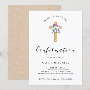 Convites Watercolor Floral Cross Kraft Look   Confirmação