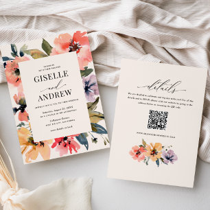 Convites Watercolor Floral Doublesided Wedding Website QR