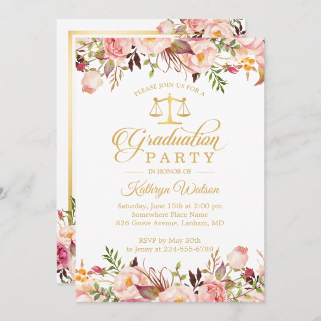 Convites Watercolor Floral Dourado Law School Photo (Frente/Verso)