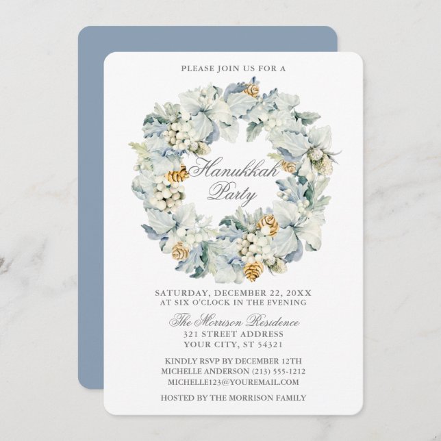 Convites Watercolor Floral Dusty Blue Hanukkah (Frente/Verso)