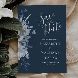 Convites Watercolor Floral Dusty Blue Navy Save the Date