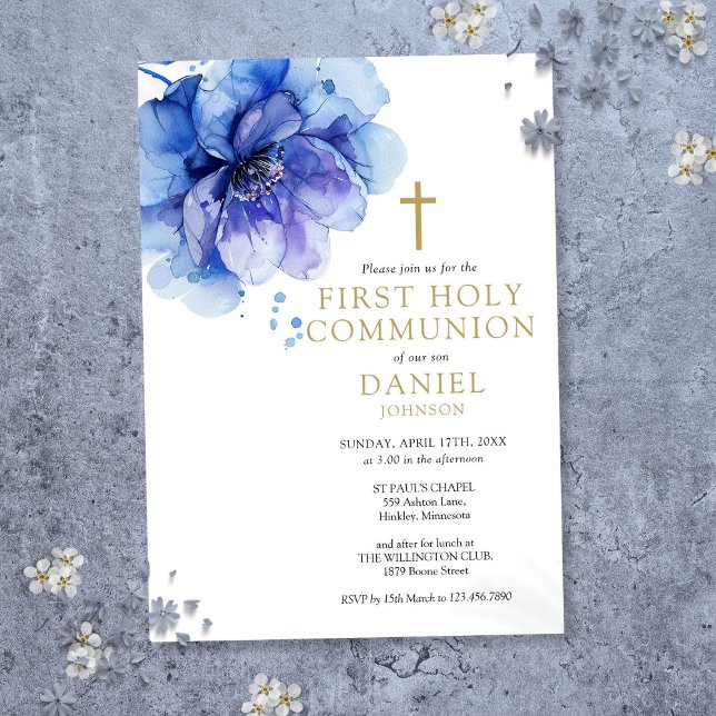 Convites Watercolor Floral Dusty Blue Primeira Comunhão San (Watercolor Floral Dusty Blue First Holy Communion Invitation)