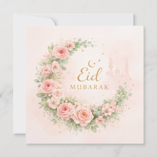 Convites Watercolor Floral Eid Mubarak Card – Romantic Isla (Frente)