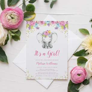 Convites Watercolor Floral Elephant Baby Shower Invitations