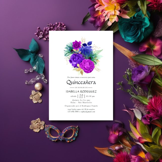 Convites Watercolor Floral espanhola Mardi Gras Quinceañera (Criador carregado)