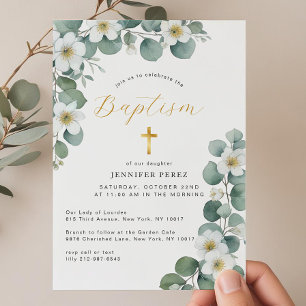 Convites Watercolor Floral Eucalyptus Greenery Baptism