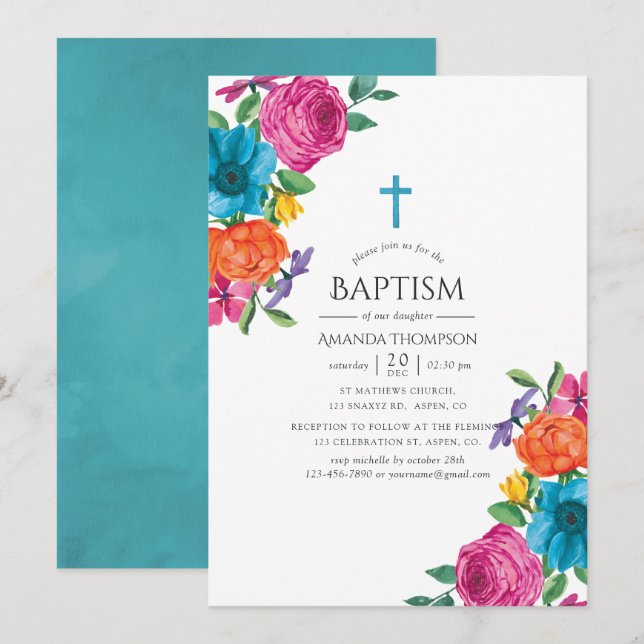 Convites Watercolor Floral Fiesta Baptism (Frente/Verso)