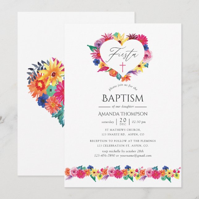 Convites Watercolor Floral Fiesta Baptism (Frente/Verso)