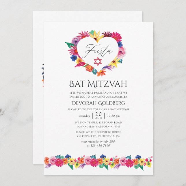 Convites Watercolor Floral Fiesta Bat Mitzvah (Frente/Verso)