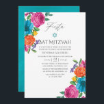 Convites Watercolor Floral Fiesta Bat Mitzvah<br><div class="desc">Watercolor floral fiesta bat mitzvah convida com tipografia de escrita manual e lavagem de cor d'água turquesa inversa projetada para ser rápida e facilmente personalizada de acordo com as especificações do seu evento.</div>