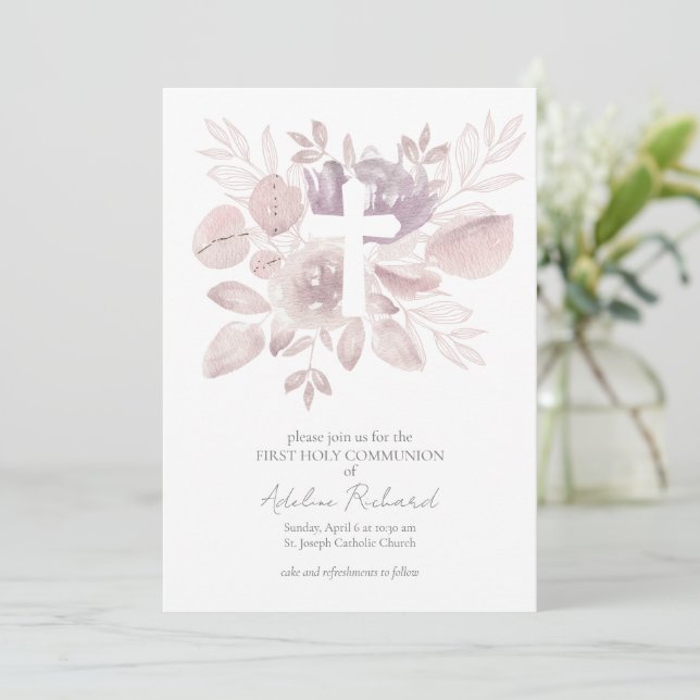 Convites Watercolor Floral First Communion  (Em pé/Frente)