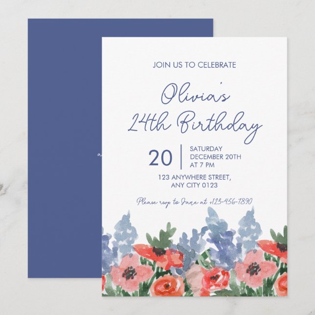 Convites watercolor Floral Garden Birthday Party Invitation (Frente/Verso)