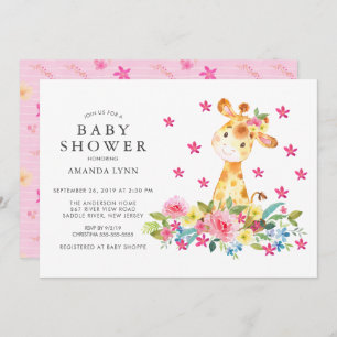Convites Watercolor Floral Giraffe Baby Girl Chá