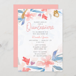 Convites Watercolor Floral Glitter Butterfly Quinceañera