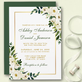 Convites Watercolor Floral Green e Dourado Casamento