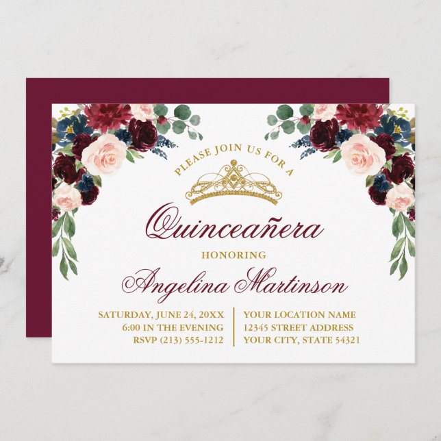 Convites Watercolor Floral Greenery Quinceanera Party (Frente/Verso)