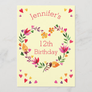 Convites Watercolor Floral Heart Wreath Girl 12 Birthday
