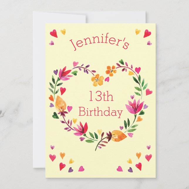 Convites Watercolor Floral Heart Wreath Girl 13 Birthday (Frente)