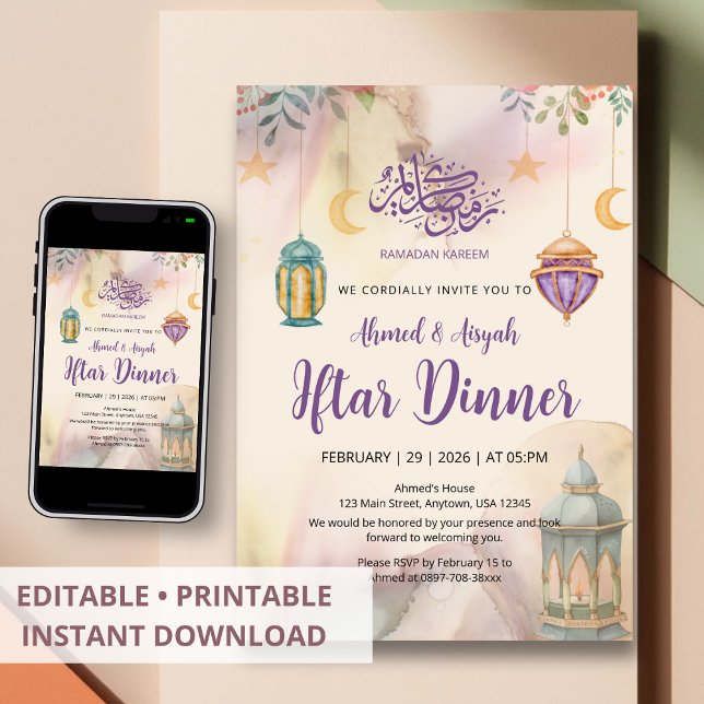 Convites Watercolor Floral Lanterns Iftar Invitation (Criador carregado)