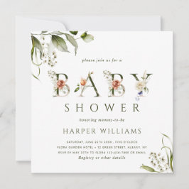 Convites Watercolor Floral - Letra Botânica Chá de fraldas