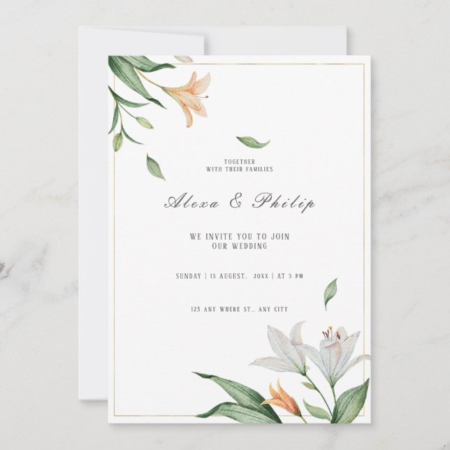 Convites Watercolor Floral Lily Wedding (Frente)