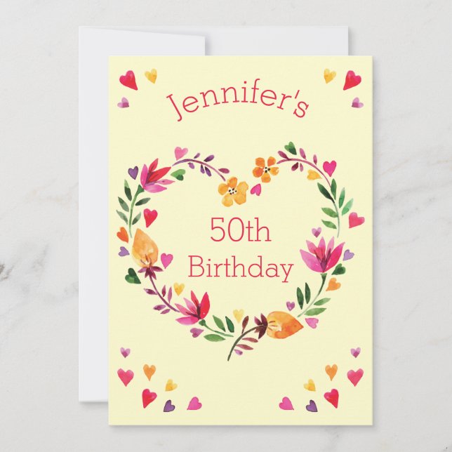 Convites Watercolor Floral Love Heart Wreath 50th Birthday (Frente)