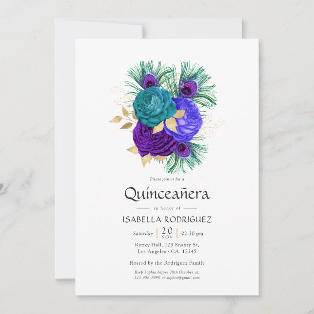 Convites Watercolor Floral Mardi Gras Quinceañera (Frente)