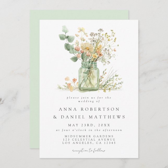 Convites Watercolor Floral Mason Jar Wedding (Frente/Verso)
