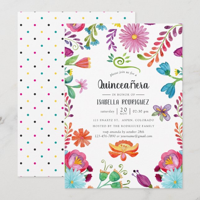 Convites Watercolor Floral Mexicano Fiesta Quinceañara (Frente/Verso)