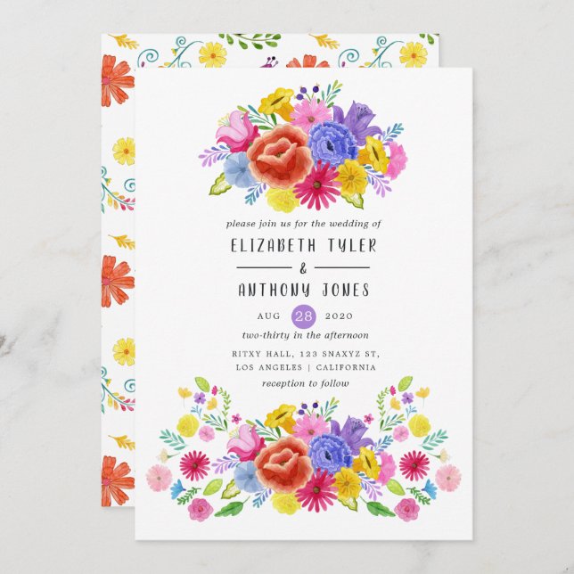 Convites Watercolor Floral Mexicano Fiesta Wedding (Frente/Verso)