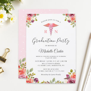 Convites Watercolor Floral Nursing School Graduation Party