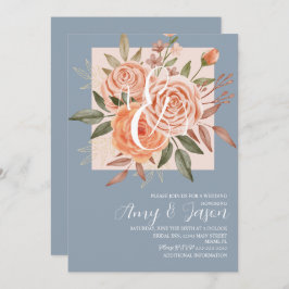 Convites Watercolor Floral Peach Rosas Dusty Blue Weds B