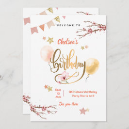 Convites Watercolor Floral Pink Balloons Aniversário